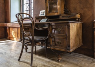 Prague, Czech Republic, 08 01 2020 Wooden secretary desk in the Antonin Dvorak museum, Europe