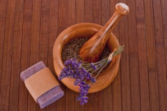 Bar of lavender soap with mortar and pestle Bar of lavender soap with mortar and pestle