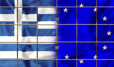 Greece flag encaged in Europe. Financial concept for failure, debit, bankruptcy, financial