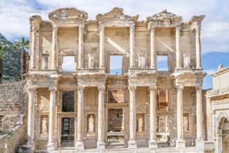 Celsus Library in Ephesus in Selcuk (Izmir), Turkey. Marble statue is Sophia, Goddess of Wisdom, at