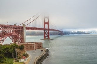 Aerial view of Golden Gate Bridge from Fort Point, south shore, symbol, icon and landmark of San
