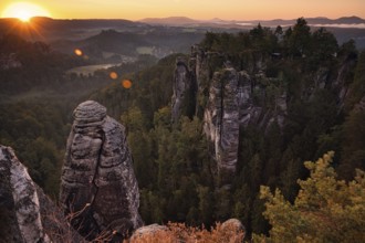 Sunrise, rocks, mountains, forest, Bastei, Ferdinandstein, Saxon Switzerland, Germany, Europe