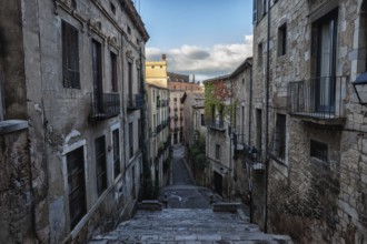 Old Town (Barri Vell) historic architecture in city of Girona in Catalonia, Spain, buildings along