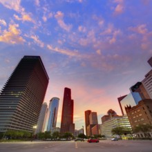 Houston Downtown skyline at sunset from south in Texas US USA