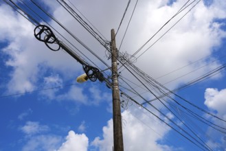 Messy electric aerial wires and pole in Mexico