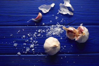 Garlic and salt spread on a blue wooden table with casual composition