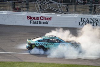 NASCAR Cup Series Driver Tyler Reddick (45) celebrates his win for the Hollywood Casino 400 at the