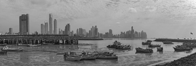 Panoramic view of the skyline of panama city in black and white