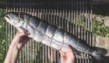 Raw salmon fish on grill. Outdoor cooking