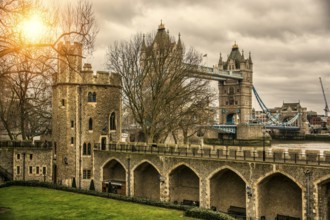 The Tower Bridge in London view in the sunset lights. Horizontal outdoors shot