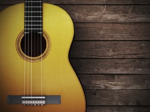 Acoustic guitar on wood background, 3D Render