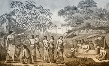 Native Tongan women dancing before Queen Tine, 18th century