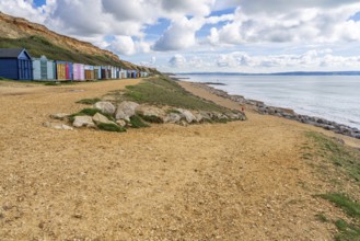 Beach Huts on the Channel Coast in Barton-on-sea, Hampshire, England, UK