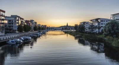 Stockholm, Sweden, 07 24 2019 -Panoramic view over the Stockholm skyline and sea with a blue pink