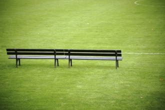 A trainer's bench stands at the edge of a football pitch in a football stadium