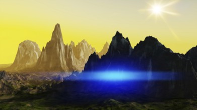 A fantasy landscape scenery at dawn 3D illustration