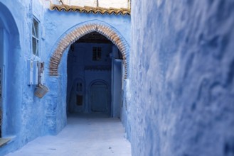 Vibrant blue colored alley in downtown Chefchaouen, Morocco, Africa