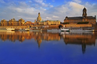 Dresden skyline reflecion in Elbe river at sunset in Saxony of Germany