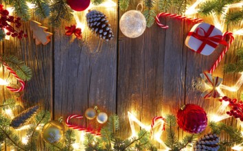 Christmas glowing stars and fir on vintage wooden background copy space