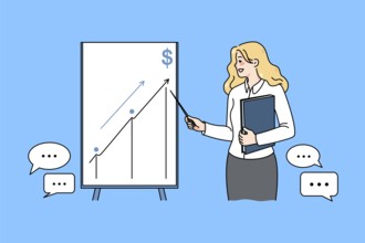 Successful businesswoman make presentation on flipchart develop business idea. Female coach or