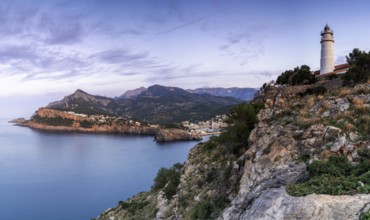 A view of the Cap Gros Lighthouse in northern Mallorca at sunset