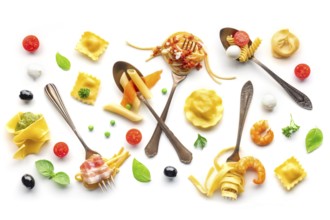 Various pasta forks. Spaghetti, fusilli, penne and other shapes of pasta, with sauce, overhead flat