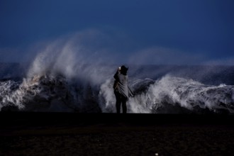 Rough Sea with Large Waves Breaking on the Coast