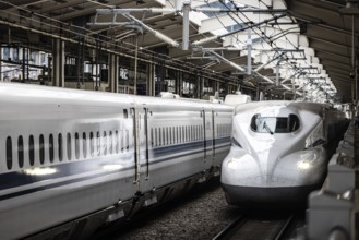 KYOTO, JAPAN - SEPTEMBER 24 2024: A Shinkansen high-speed bullet train arriving at Kyoto Station in
