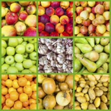 Collage of nine fruit and vegetable backgrounds