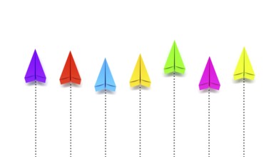 Paper planes competition colors on white background 3D illustration