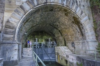 Lock at the Weilburg ship tunnel, River Lahn, Limburg-Weilburg district, Hesse, Germany, Europe