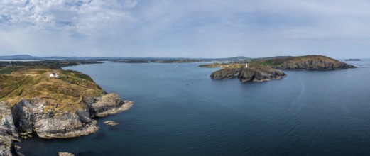 A panorama view of the entrance to the Baltimore Harbor in West Cork with teh Sherkin Island