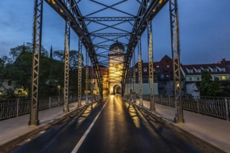 Waasenbrücke and Schwammerlturm, landmark of Leoben, blue hour, Leoben, Styria, Austria, Europe