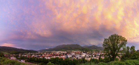 Cloudy mood, sunset over the city of Leoben, panoramic shot, Leoben, Styria, Austria, Europe