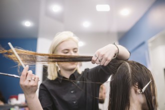 Hairdresser holding scissors and comb and makes haircut woman client. Young beautiful woman hair