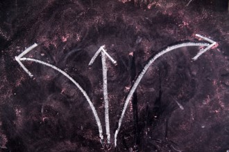 Graphical representation with chalk on blackboard three arrows showing different directions