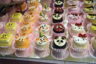 Sweet cakes of showcase of cafe in Vienna, some dessert with sugar