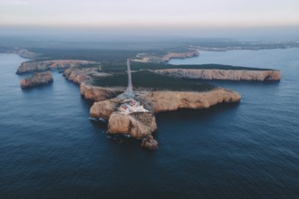 Drone shot, southern tip, Sagres, lighthouse, blue hour, Portugal, Europe