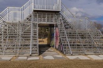 Daejeon, South Korea, January 28, 2020: Large metal observation tower with flowers on inside wall