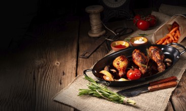 Grilled chicken legs in a barbecue marinade with sweet potatoes
