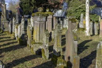 Jewish cemetery with gravestones and grave slabs with green moss, Bad-Buchau, Upper Swabia,