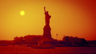 An image of the Liberty Statue at sunset