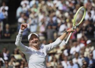 Czech tennis player Barbora Krejcikova celebrating at the 2024 Wimbledon Championships, London,