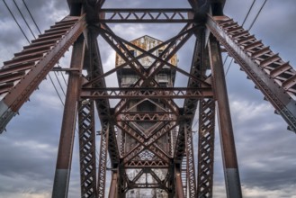 A detail of historic railroad Katy Bridge over Missouri River at Boonville with a lifted midsection
