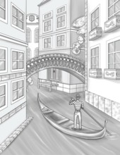 Italian Man Standing On A Canoe Travelling Water Canal With Tall Buildings