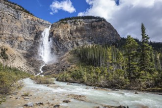 Rocky Mountains of Canada. Autumn Takakkaw Falls forms a full-flowing water flow of pearl color.