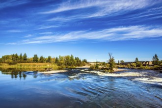 Landscape in the Old Pinawa Dam Park, broad and stormy Winnipeg River. Trend of travel Around the