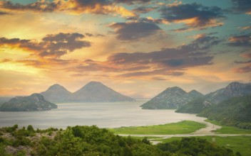 Mountains on Scadar lake at sunset in Montenegro