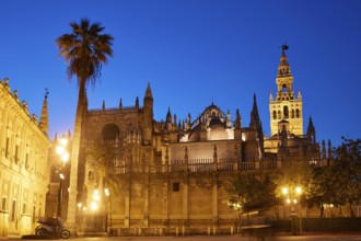Seville cathedral sunset and Giralda in Sevilla Andalusia Spain