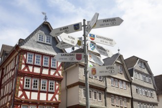 City hall, Buttermarkt butter market, Signpost, partner cities, historic old town of Herborn,